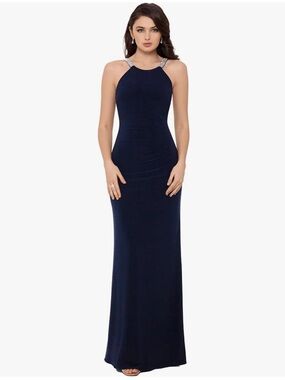 NWT Betsy & Adam Women's Navy Halter Neck Jewel Strap Gown Size 12 Party Gala